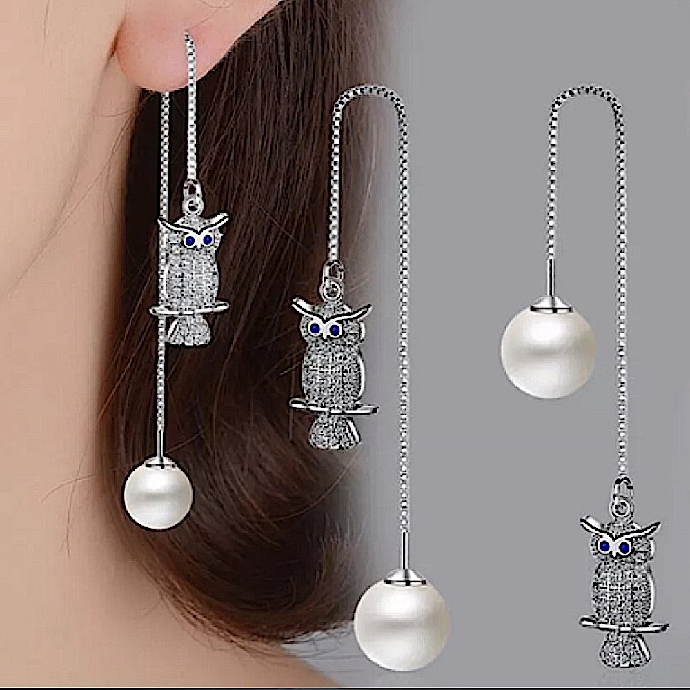 Sterling Silver Owl, Pearl Long Earrings